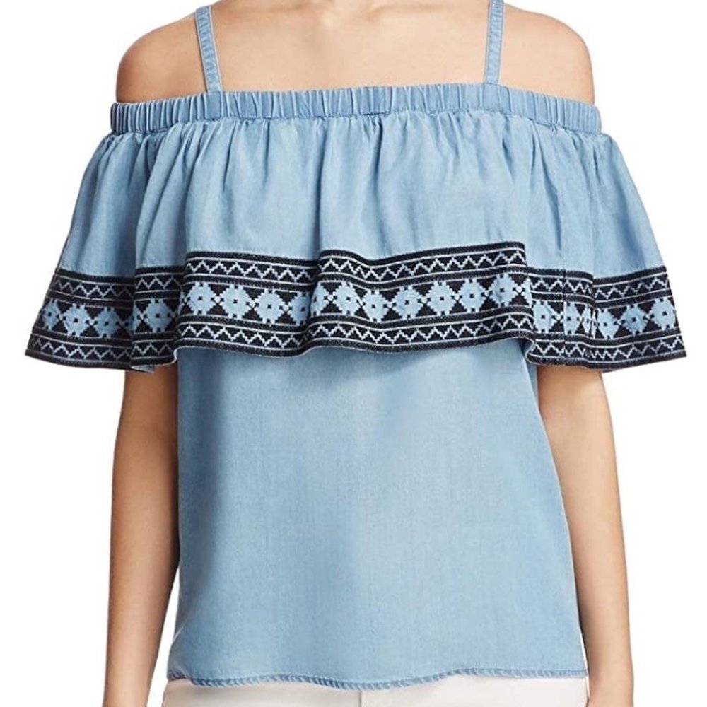 Bagatelle NEW Women's Denim Blue Ruffled Off the Shoulder Embroidered Top